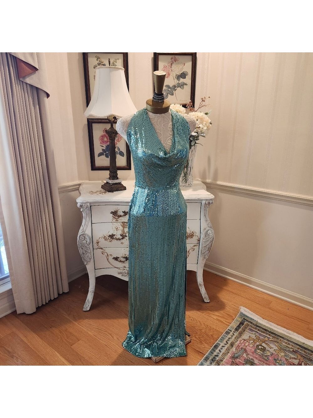 Vintage Lillie Rubin Liquid Sequin Seafoam Green Evening Dress Gown 8